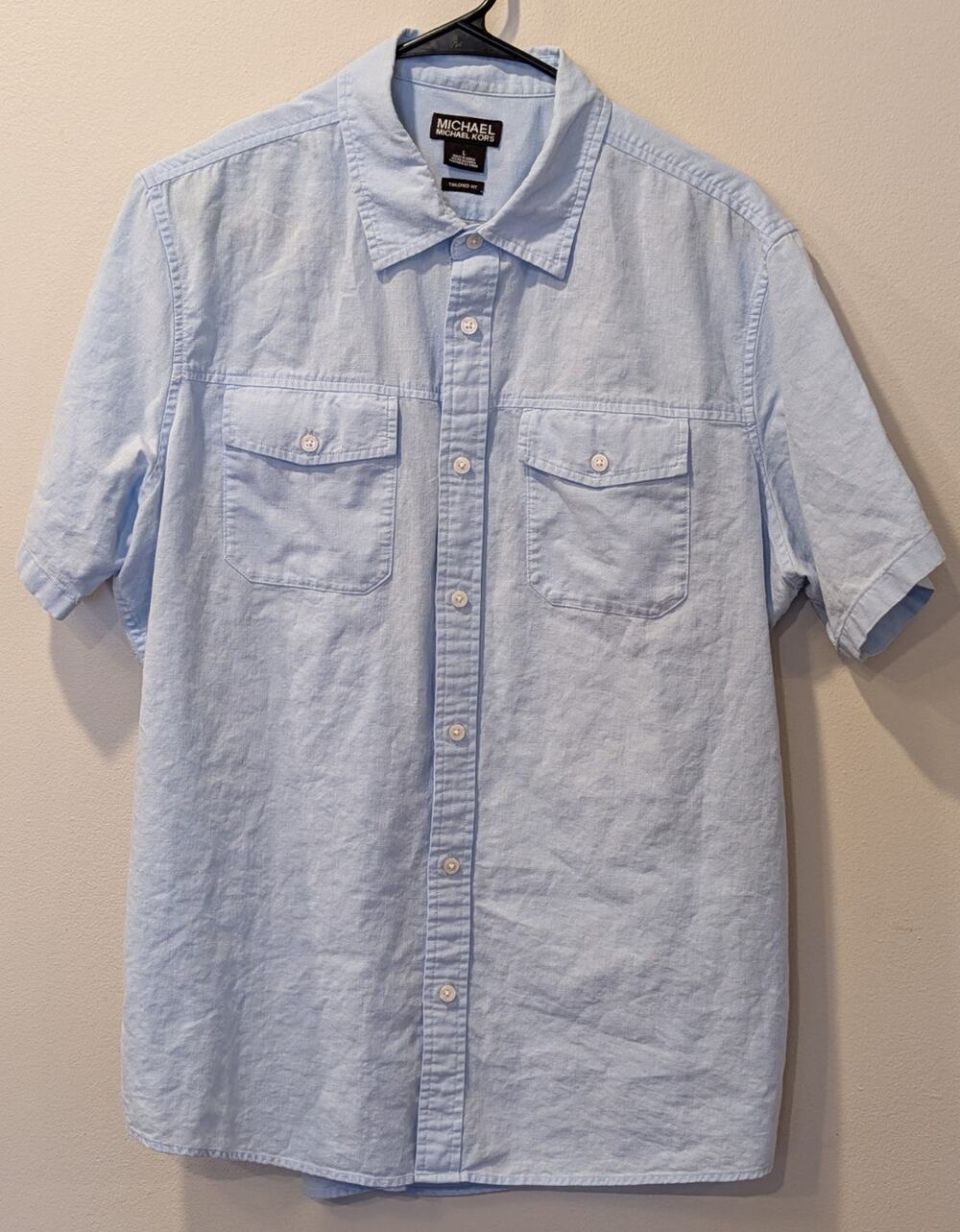 Michael Kors Tailored Fit Light Blue Linen-Cotton Short Sleeve Button-Up L - Picture 1 of 12
